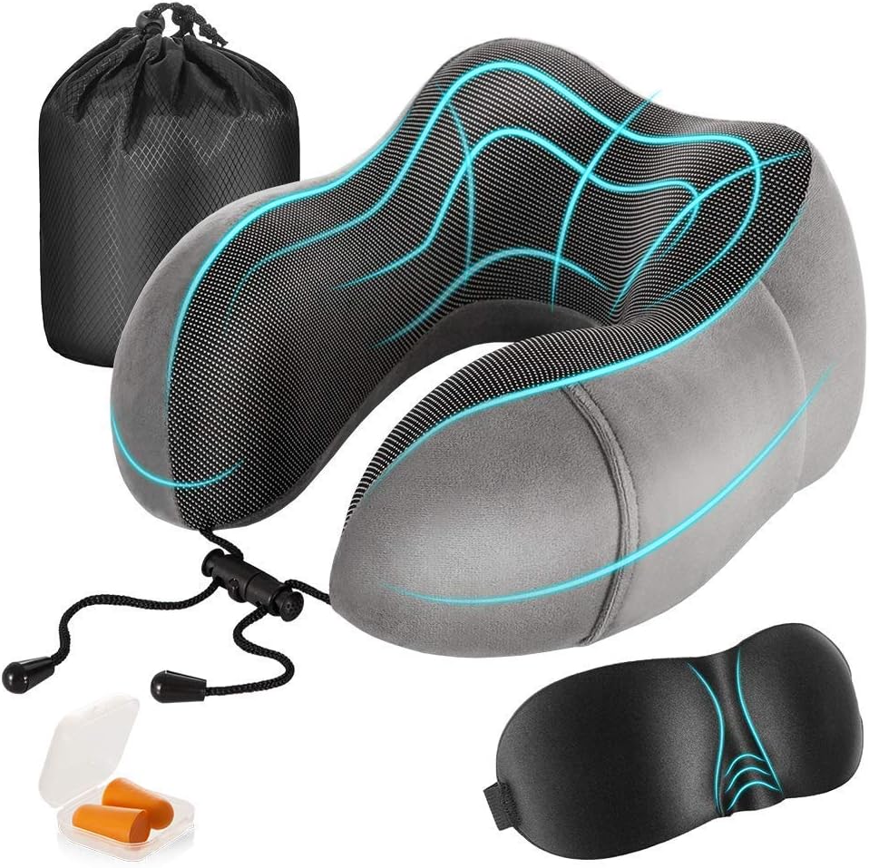Almohada de Viaje Viscoelástica de Espuma de Memoria con Soporte Cervical Ergonómico, Funda Transpirable Removible, Máscara de Ojos, Tapones para Oídos y Bolsa Compacta