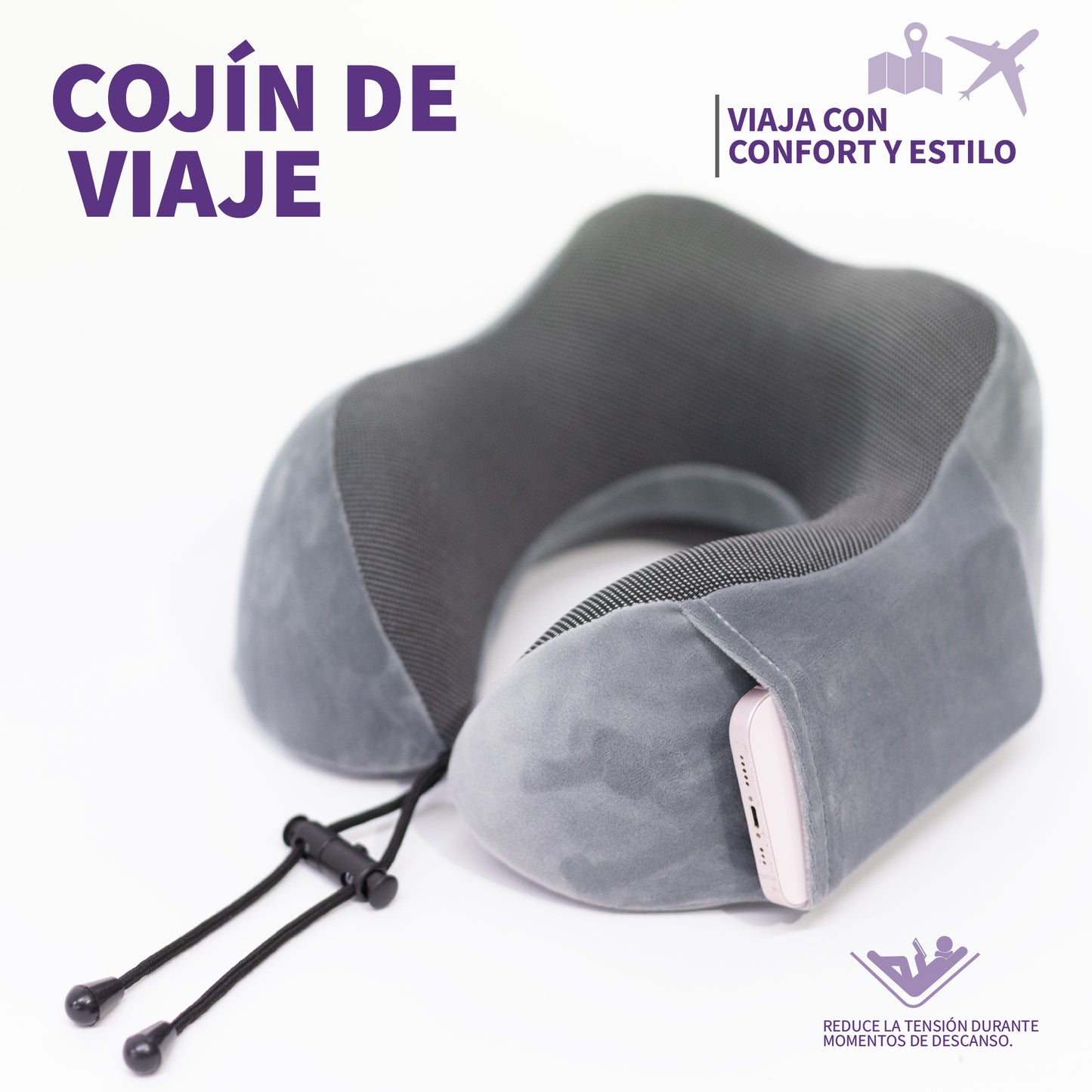 Almohada de Viaje Viscoelástica de Espuma de Memoria con Soporte Cervical Ergonómico, Funda Transpirable Removible, Máscara de Ojos, Tapones para Oídos y Bolsa Compacta