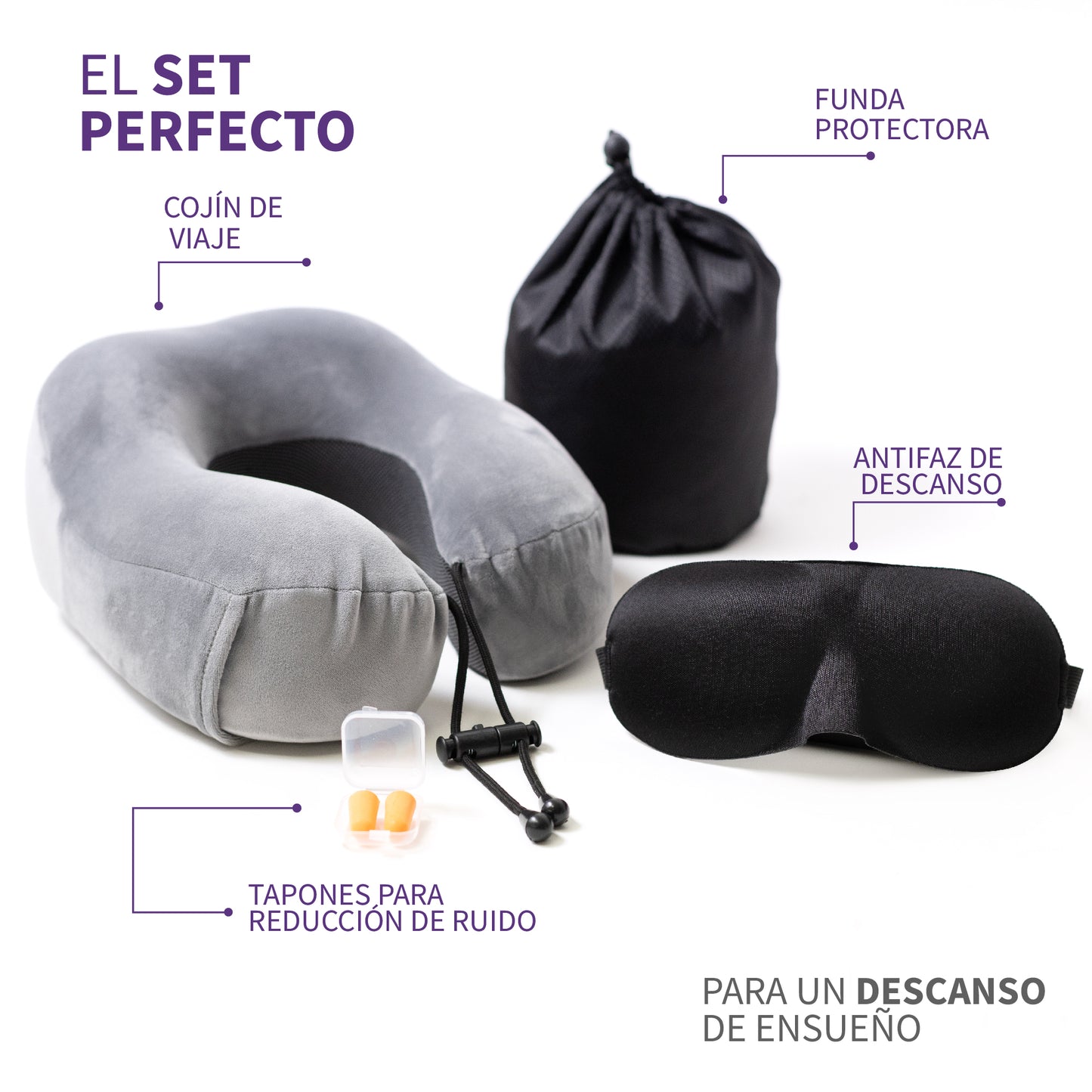 Almohada de Viaje Viscoelástica de Espuma de Memoria con Soporte Cervical Ergonómico, Funda Transpirable Removible, Máscara de Ojos, Tapones para Oídos y Bolsa Compacta