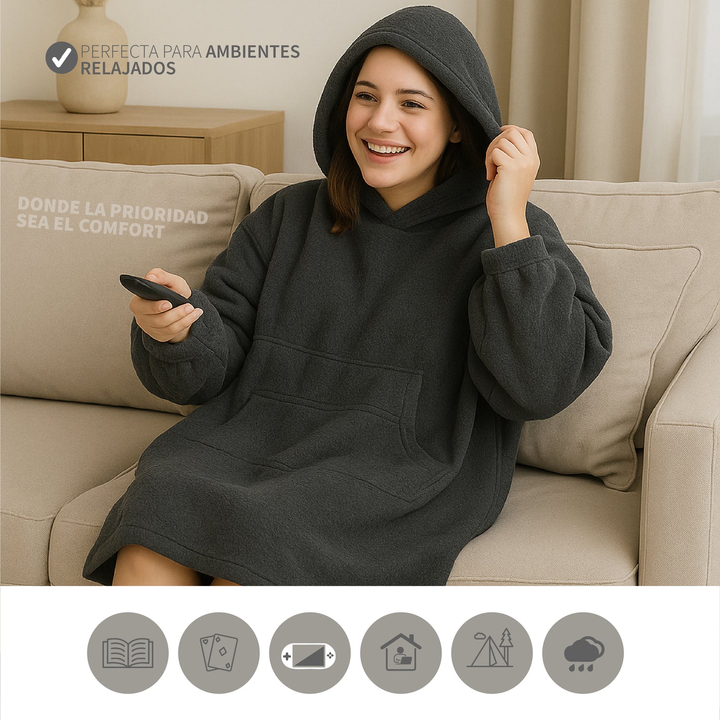 Sudadera Cobija Unisex Talla Unica con Capucha Amplio Bolsillo con Bordes Reforzados 100% Micofibra Fácil Cuidado