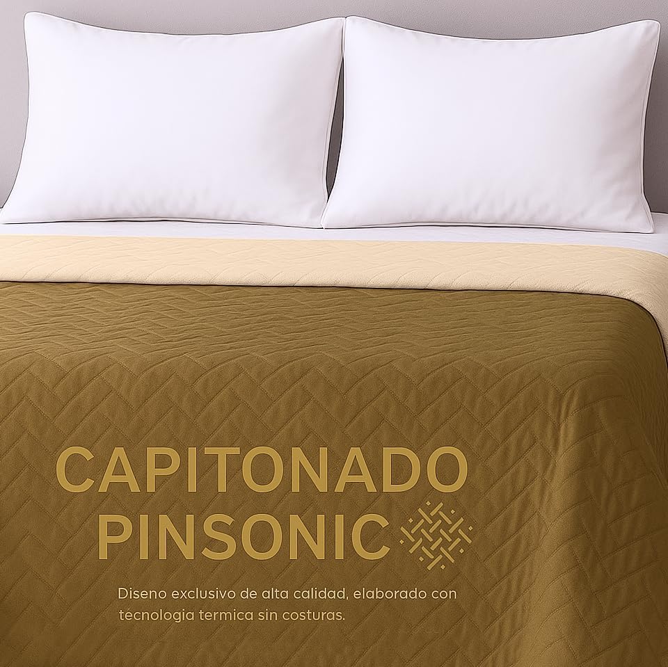 TESSO HOME Colcha Edredón Ligero Doble Vista Capitonado Pinsonic sin Costuras 100% Microfibra (Blanco/Beige, Matrimonial)