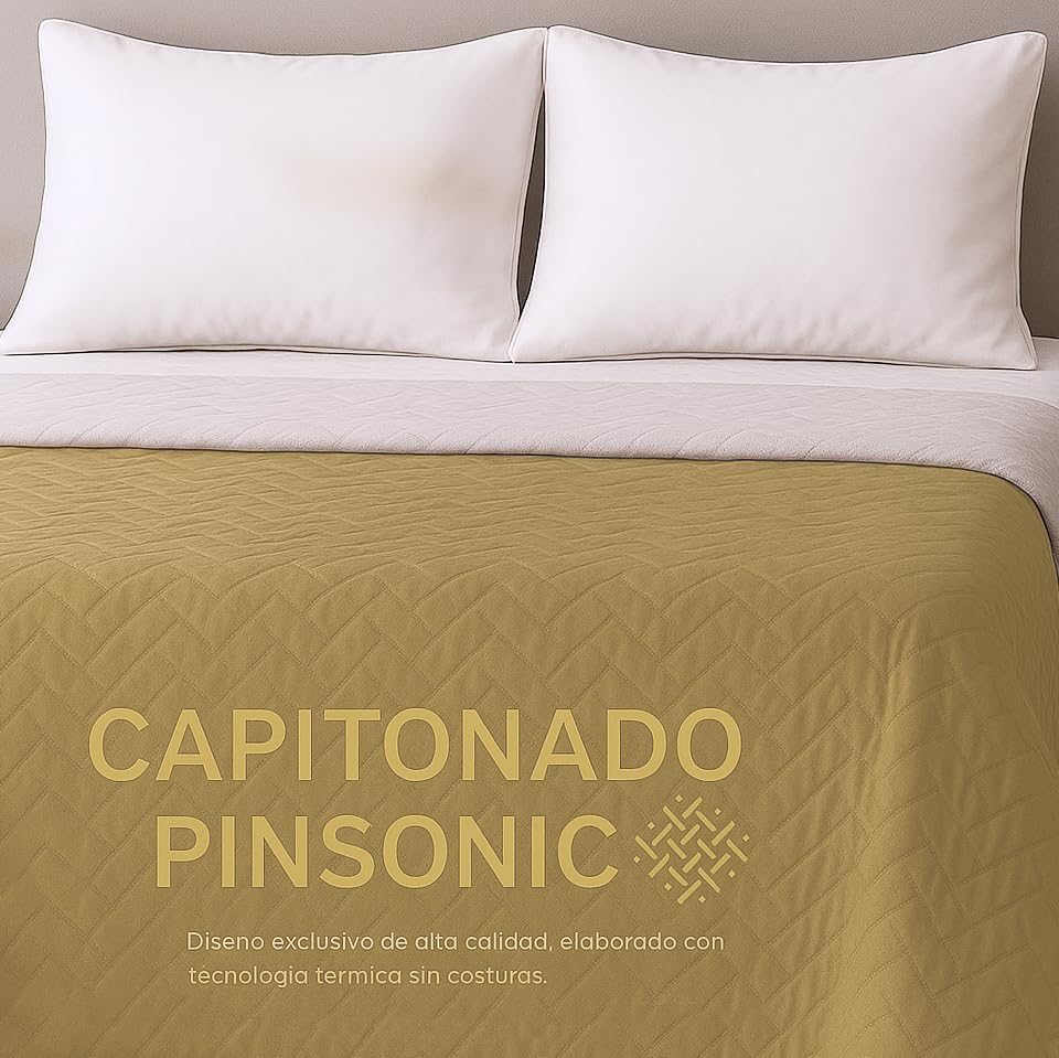 TESSO HOME Colcha Edredón Ligero Doble Vista Capitonado Pinsonic sin Costuras 100% Microfibra (Blanco/Beige, Matrimonial)