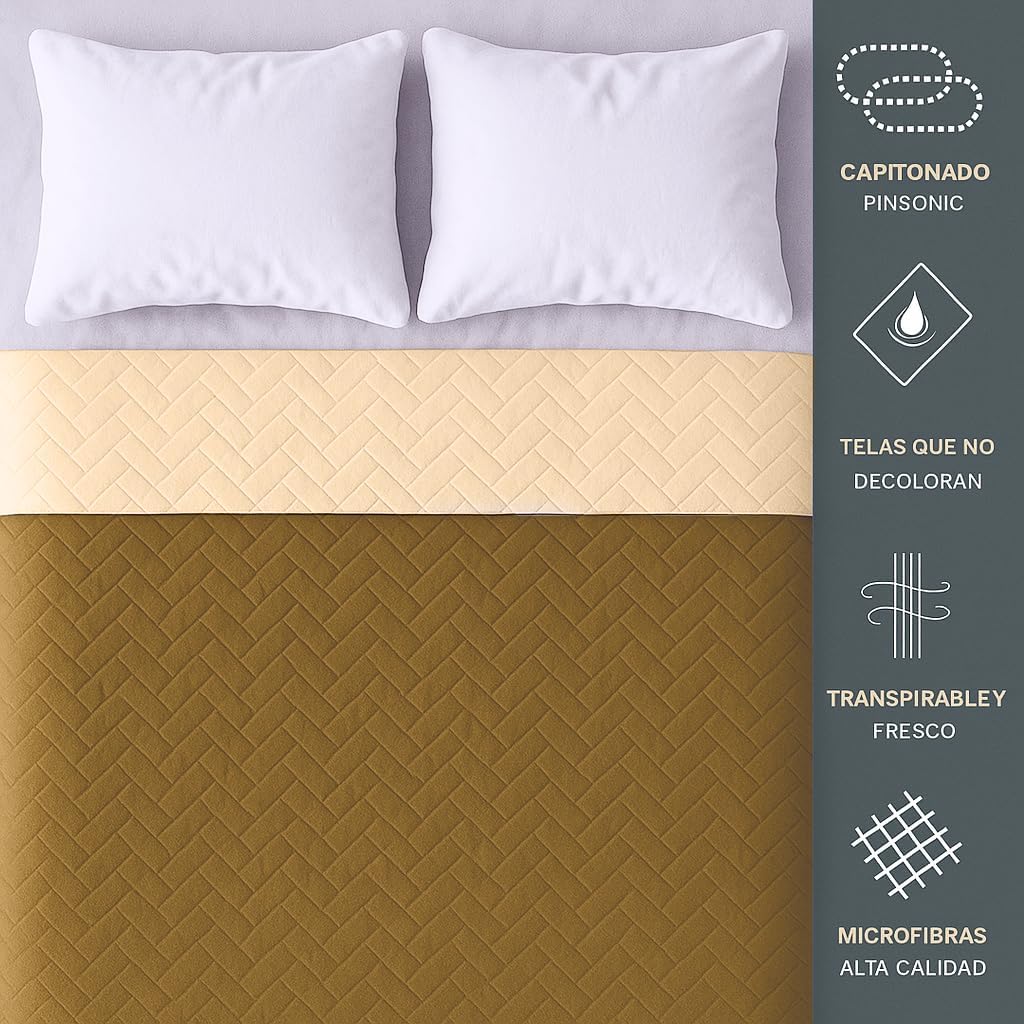 TESSO HOME Colcha Edredón Ligero Doble Vista Capitonado Pinsonic sin Costuras 100% Microfibra (Blanco/Beige, Matrimonial)