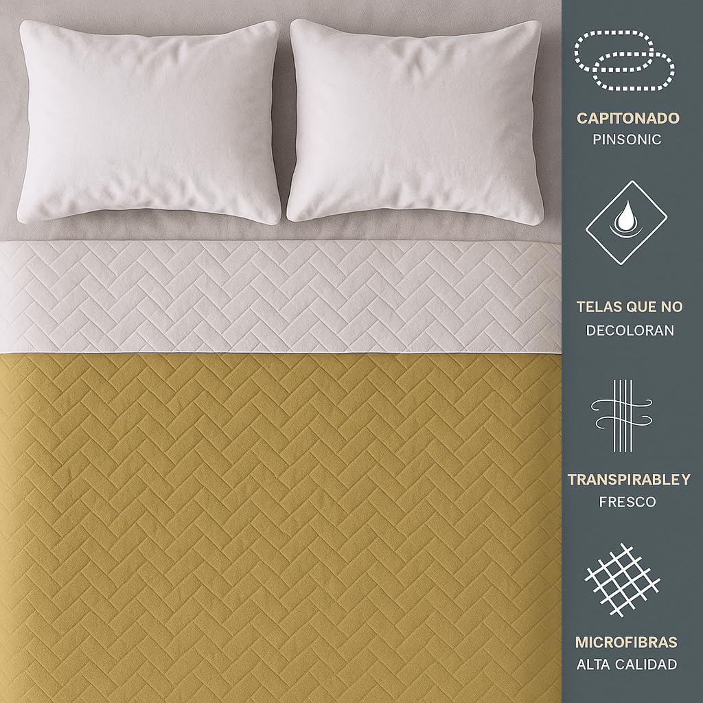 TESSO HOME Colcha Edredón Ligero Doble Vista Capitonado Pinsonic sin Costuras 100% Microfibra (Blanco/Beige, Matrimonial)