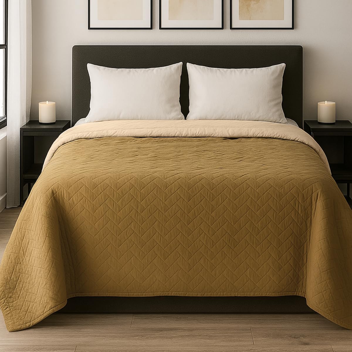 TESSO HOME Colcha Edredón Ligero Doble Vista Capitonado Pinsonic sin Costuras 100% Microfibra (Blanco/Beige, Matrimonial)