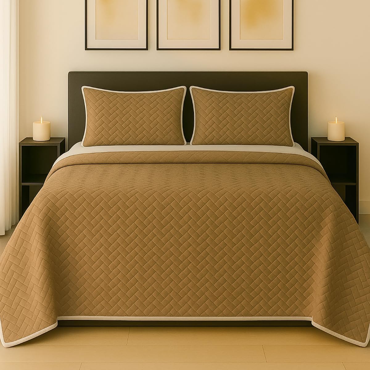 TESSO HOME Colcha Doble Vista con Fundas de Almohada 100% Microfibra Juego de Edredón Ligero Capitonado Pinsonic 3 Piezas (Arena/Caqui, Individual)