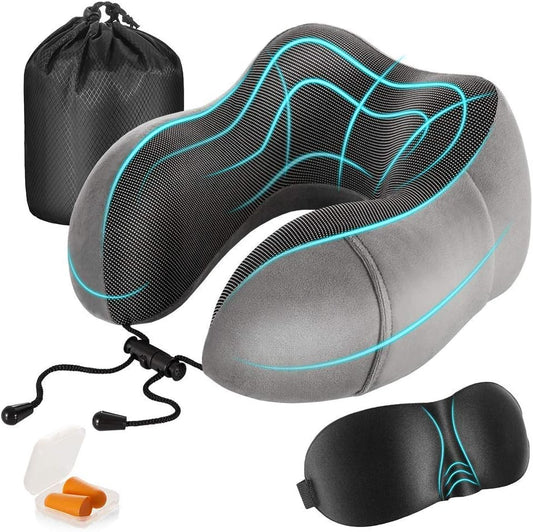 Almohada de Viaje Viscoelástica de Espuma de Memoria con Soporte Cervical Ergonómico, Funda Transpirable Removible, Máscara de Ojos, Tapones para Oídos y Bolsa Compacta