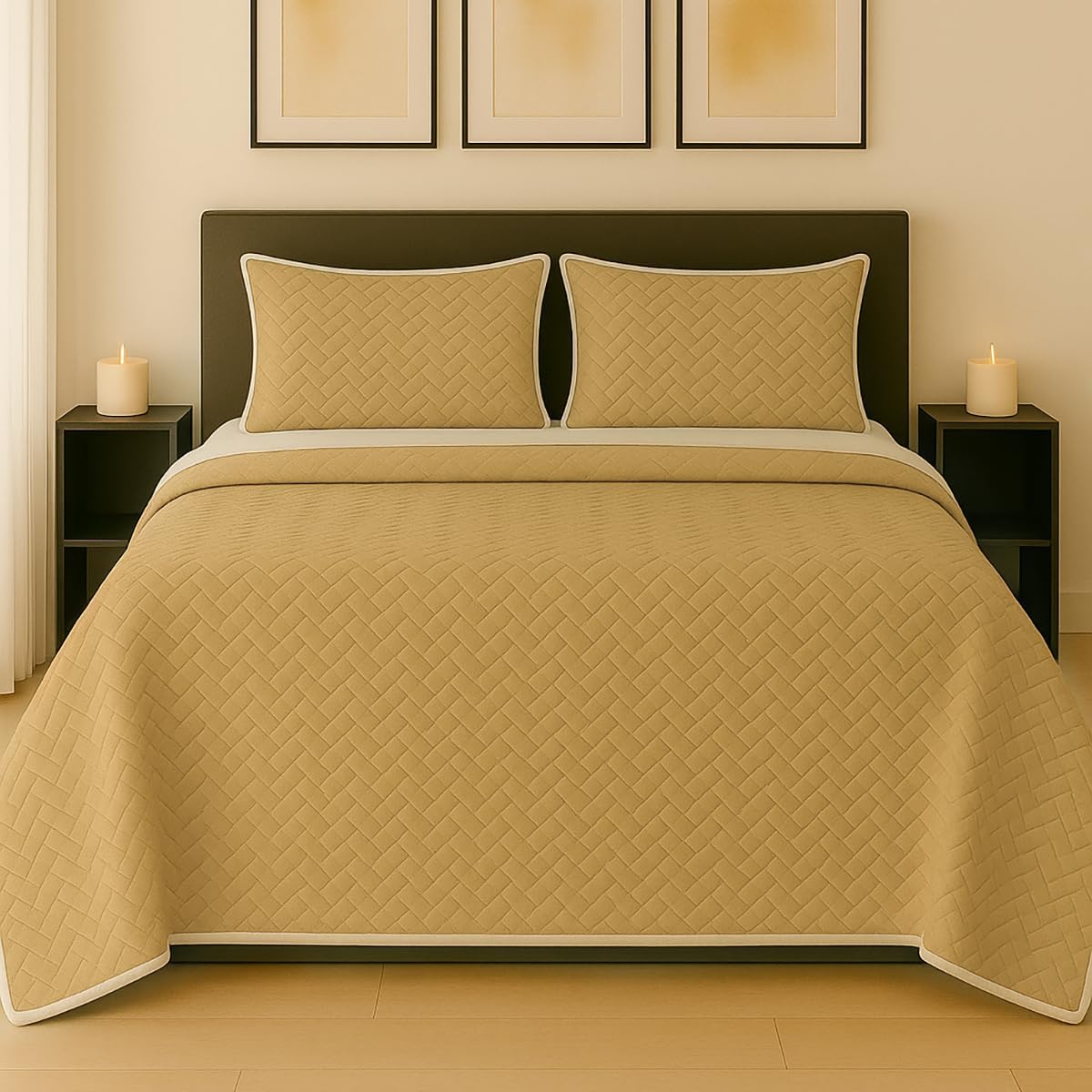 TESSO HOME Colcha Doble Vista con Fundas de Almohada 100% Microfibra Juego de Edredón Ligero Capitonado Pinsonic 3 Piezas (Arena/Caqui, Individual)